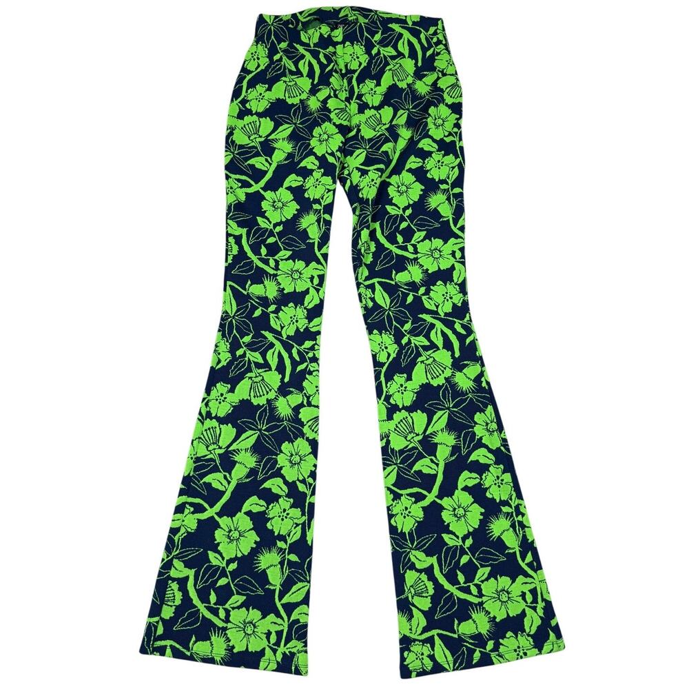 Zara Womens Size L Green Blue Jacquard Floral Print Flare Pull On Pants - Picture 1 of 9